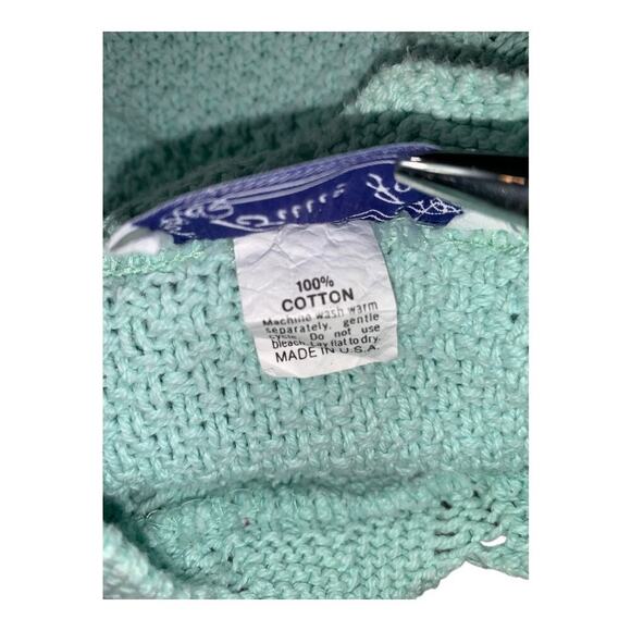 Vintage Billi Jo Crochet Chunky Knit Short Sleeve Sweater Scalloped USA M/L Blue - Picture 8 of 9